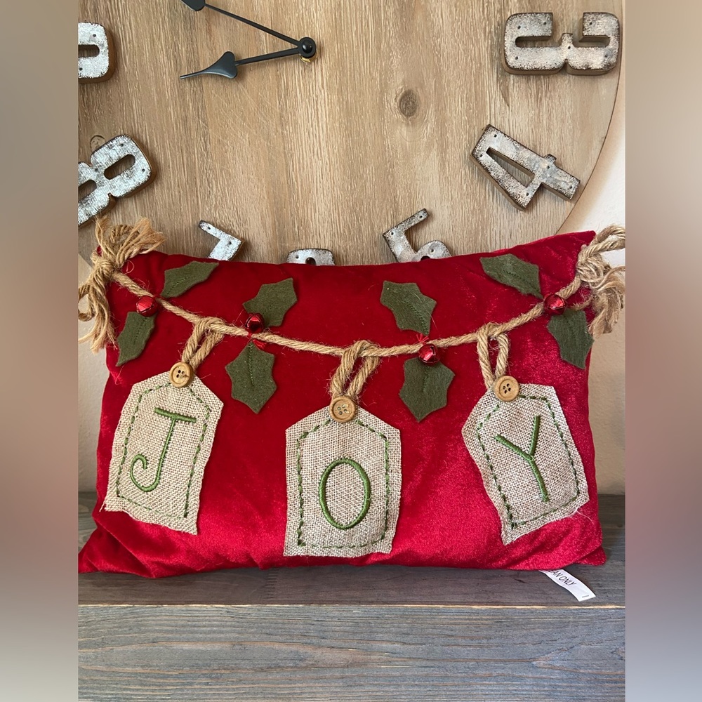 Vintage MCM Merry Joy Christmas  Velvet Pillow Holiday Primitive Country Rustic
